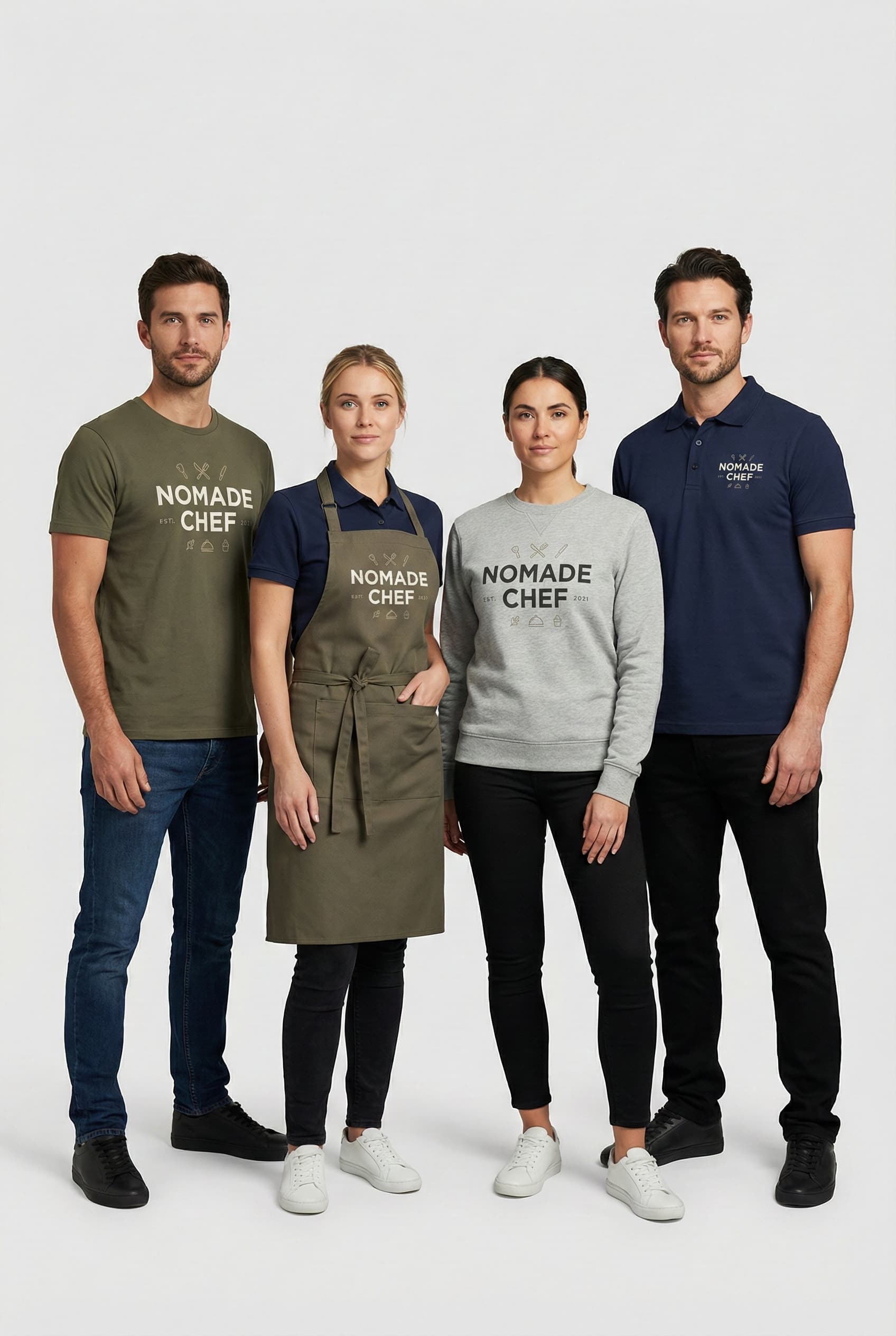 Équipe portant des vêtements professionnels personnalisés : t-shirts, polos, tabliers et sweatshirts